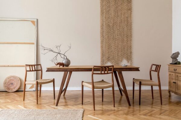 stylish-beige-interior-of-modern-dining-room-with-design-wooden-oak-table-and-chairs